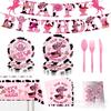 Custom Pink Denim Theme Party Supplies Denim Party Decoration Arrangement Banner Flag Party Paper Plate Tableware