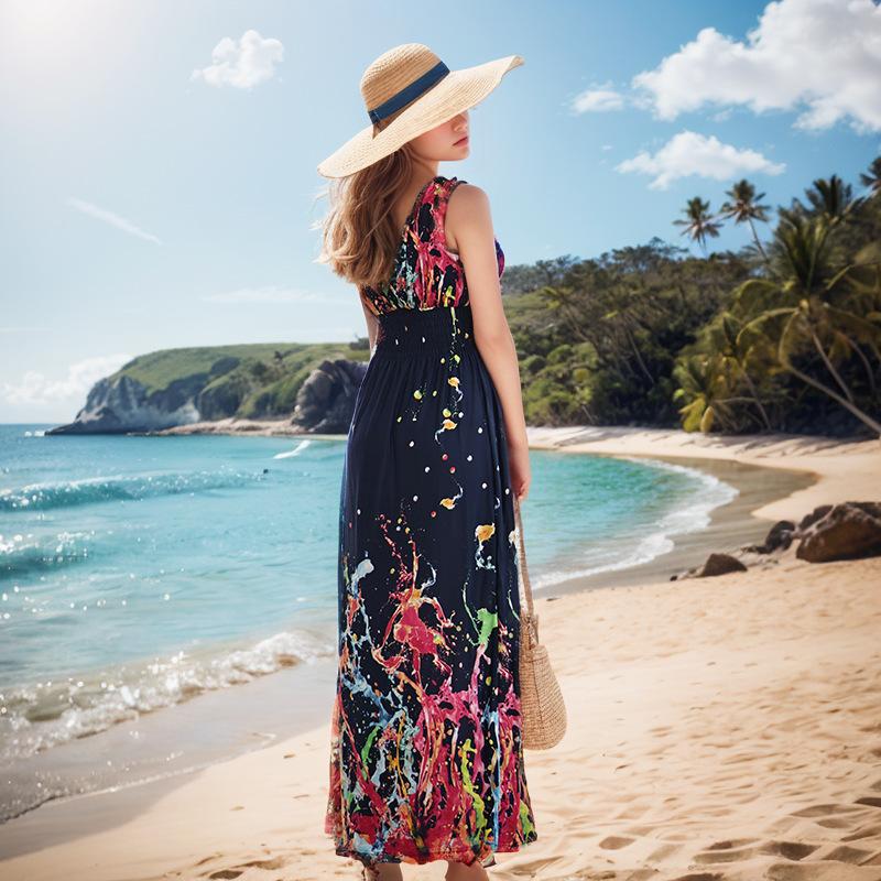 Plus Size Women's Fashion New Ice Silk Screen Flower Beach Long Dress