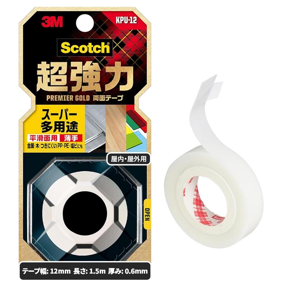 3M (3M) Double-Sided Tape Super Strong Versatile Thin Width 12mm Length 1.5m Scotch KPU-12 Small Roll Premier Gold