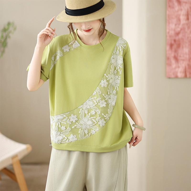 DIMANAF 2026 Plus Size Summer Women T-Shirts Casual Lady Tops Tunic Lace Shirt Oversize Loose Tees Cotton