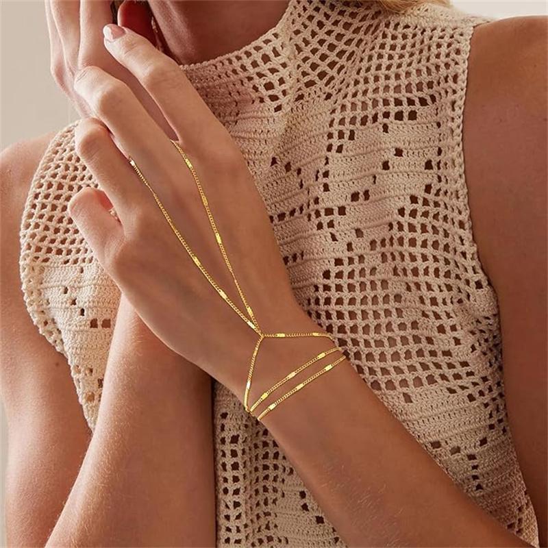 Trendy Gold Dainty Hand Chain Bracelet for Women Thin Link Connecting Harness Bracelet Ring Jewelry Gift