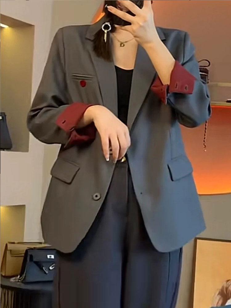 

Женский костюмный пиджак высокого класса с цветными блоками - Мода весна 2025, Свободный крой, Разрез сзади, Приталенный крой, Модный стиль M