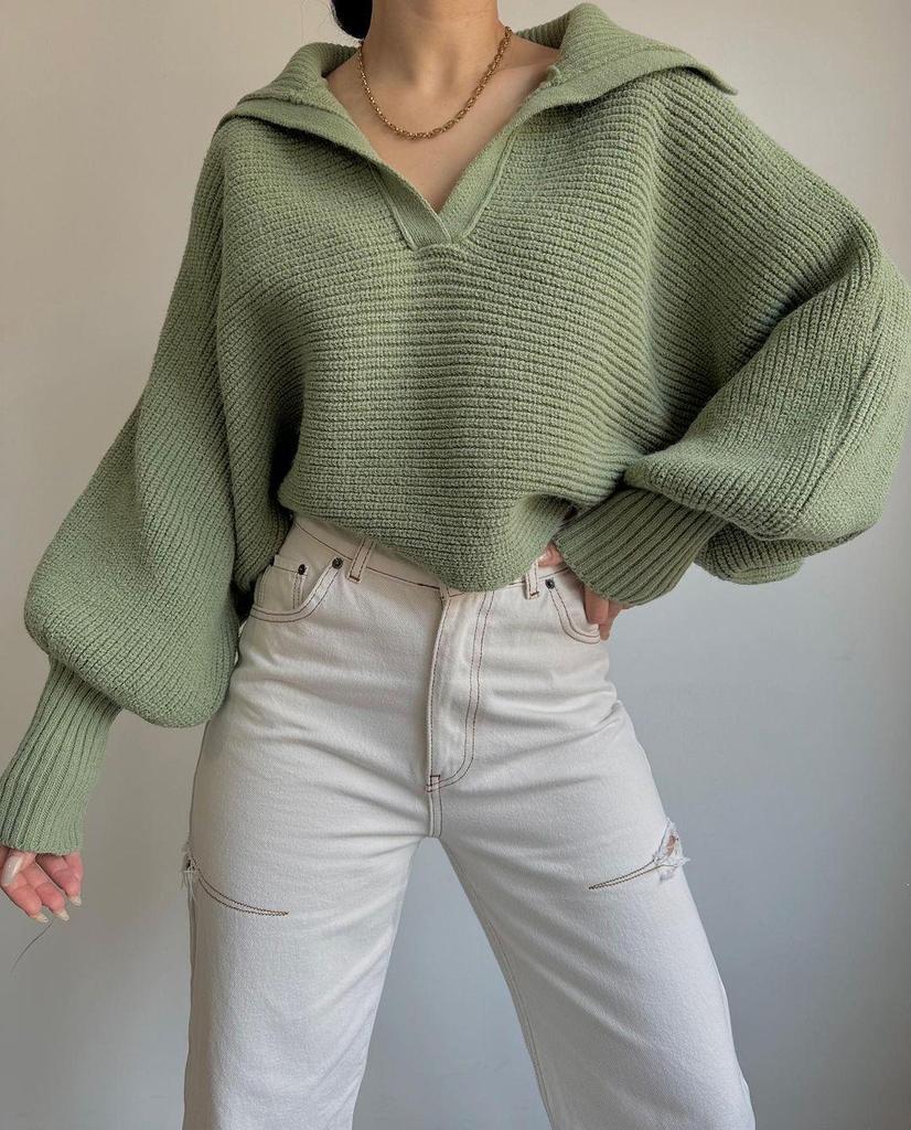 2026 European & American Loose Lantern Sleeve Open Neck Women's Autumn/Winter Pullover Sweater