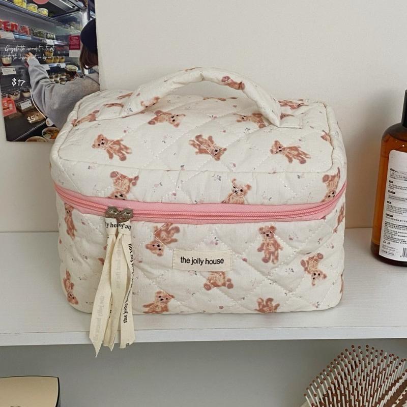 Cute Bow Cotton Cloth Makeup Bag Women Zipper Cosmetic Organizer Female Handbag Box Shape Portable Toiletry Case for Girls
