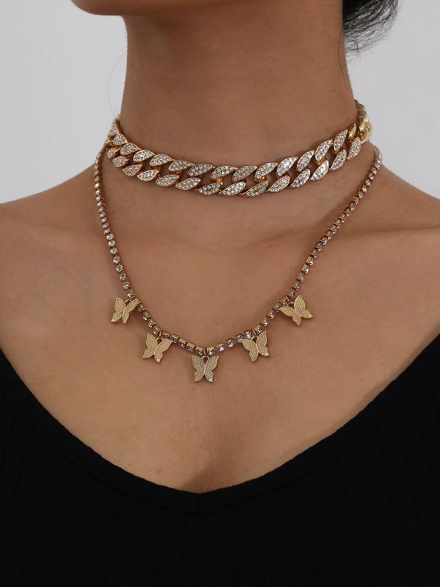 

Ingemark 2Pc/Set Retro Exquisite Butterfly Pendant Necklace Women Trendy Gold Color Metal Wide Chokers Neck Chain Jewelry Gift
