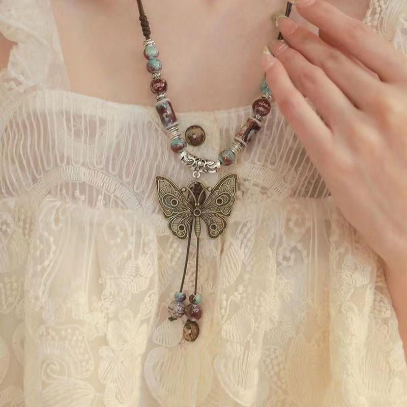 Chinese Style Retro Ethnic Butterfly Bell Beaded Necklace Women's Antique Long Collarbone Chain