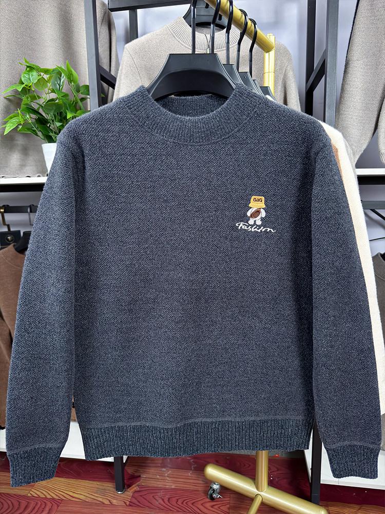 Men's Anti-Pilling Sweater with Fleece, Half-High Collar, New Embroidery, and Warm Knit Base Layer