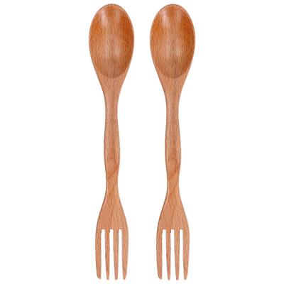 2 Pièces Cuillère Fourchette en Bois de Hêtre Double Usage Vaisselle en Bois Ensemble Cuillère Fourchette à Dessert