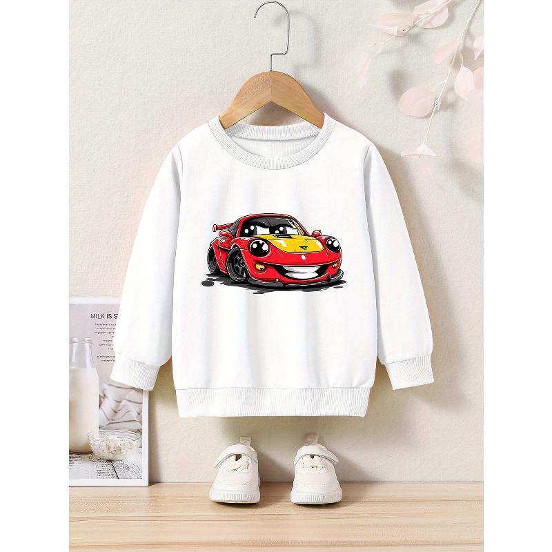 Kids Crewneck Sweatshirt, Cartoon Race Car Print,Casual Tops for Spring & Autumn