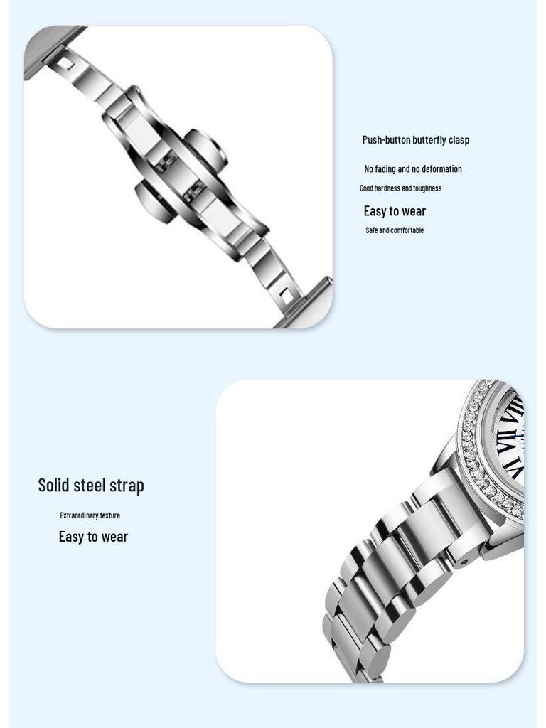Swiss English-Chinese Women's Watch: Fashionable Butterfly Buckle, Luminous, Waterproof, Stainless Steel Band, Calendar Feature.