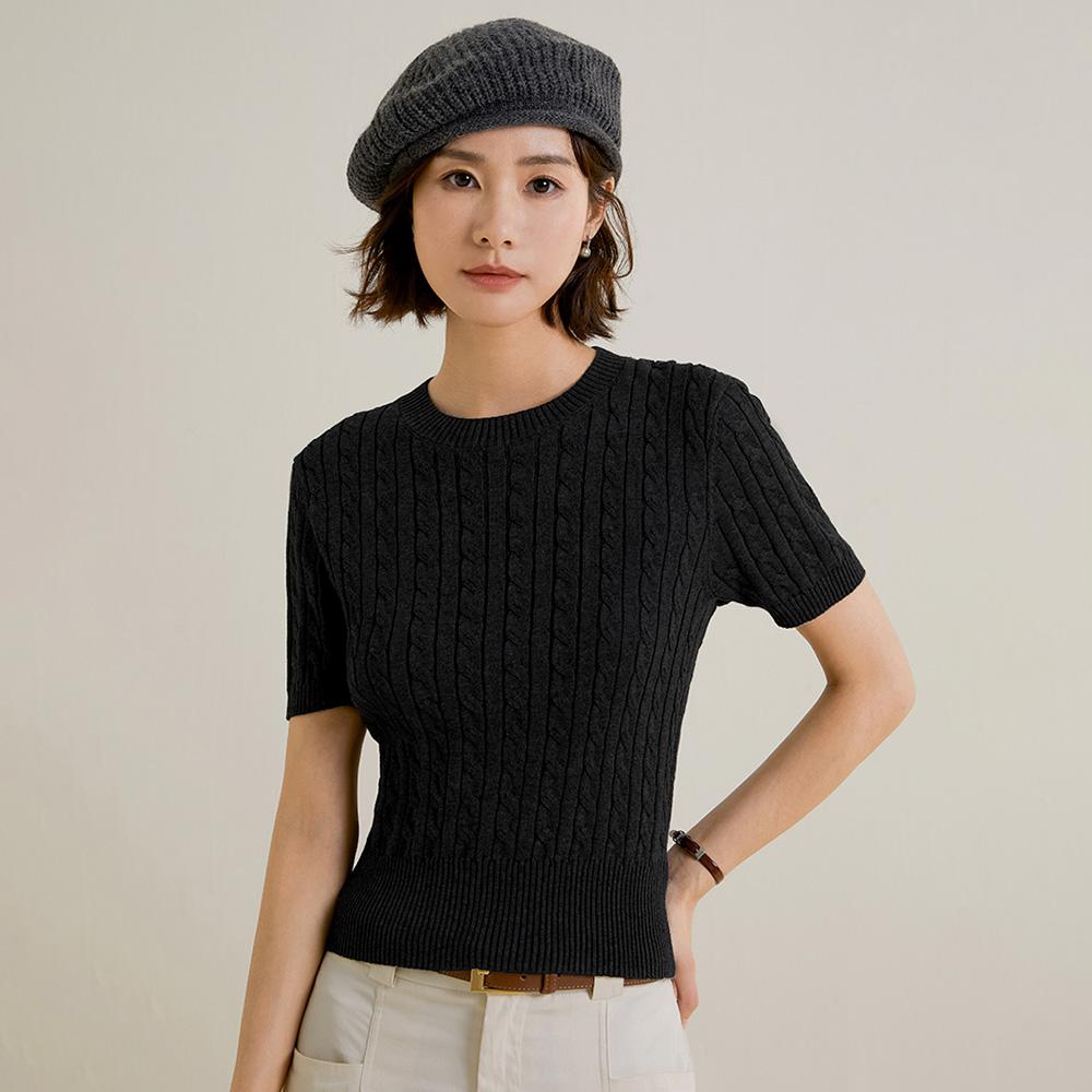 Laengsseon Ls_Cable Round Short-Sleeved Knit Top