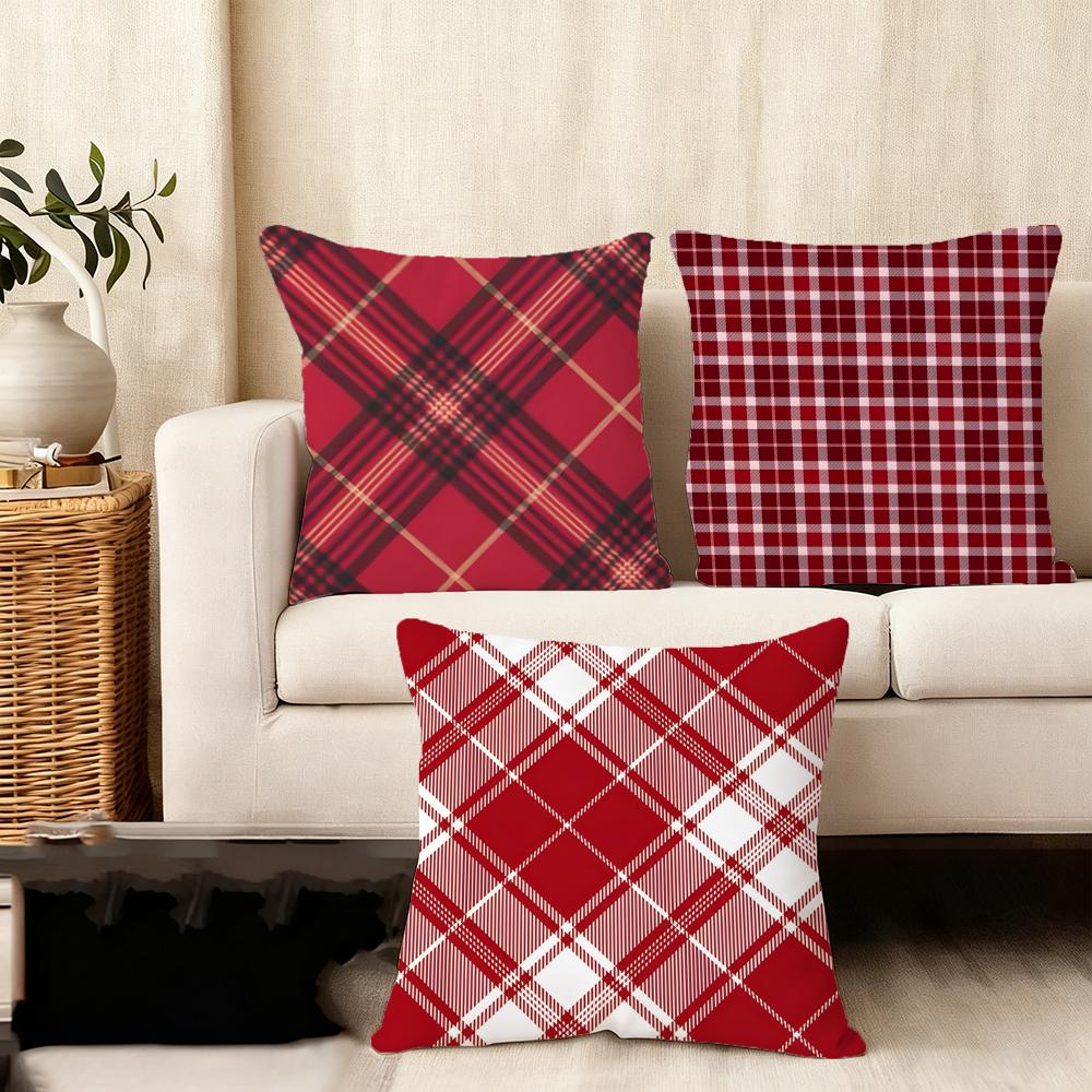 Red Plaid Cushion Cover Soft Plush Fabric Double-Sided Printed Sofa Cushion Cover For All Seasons Home Decor Gift