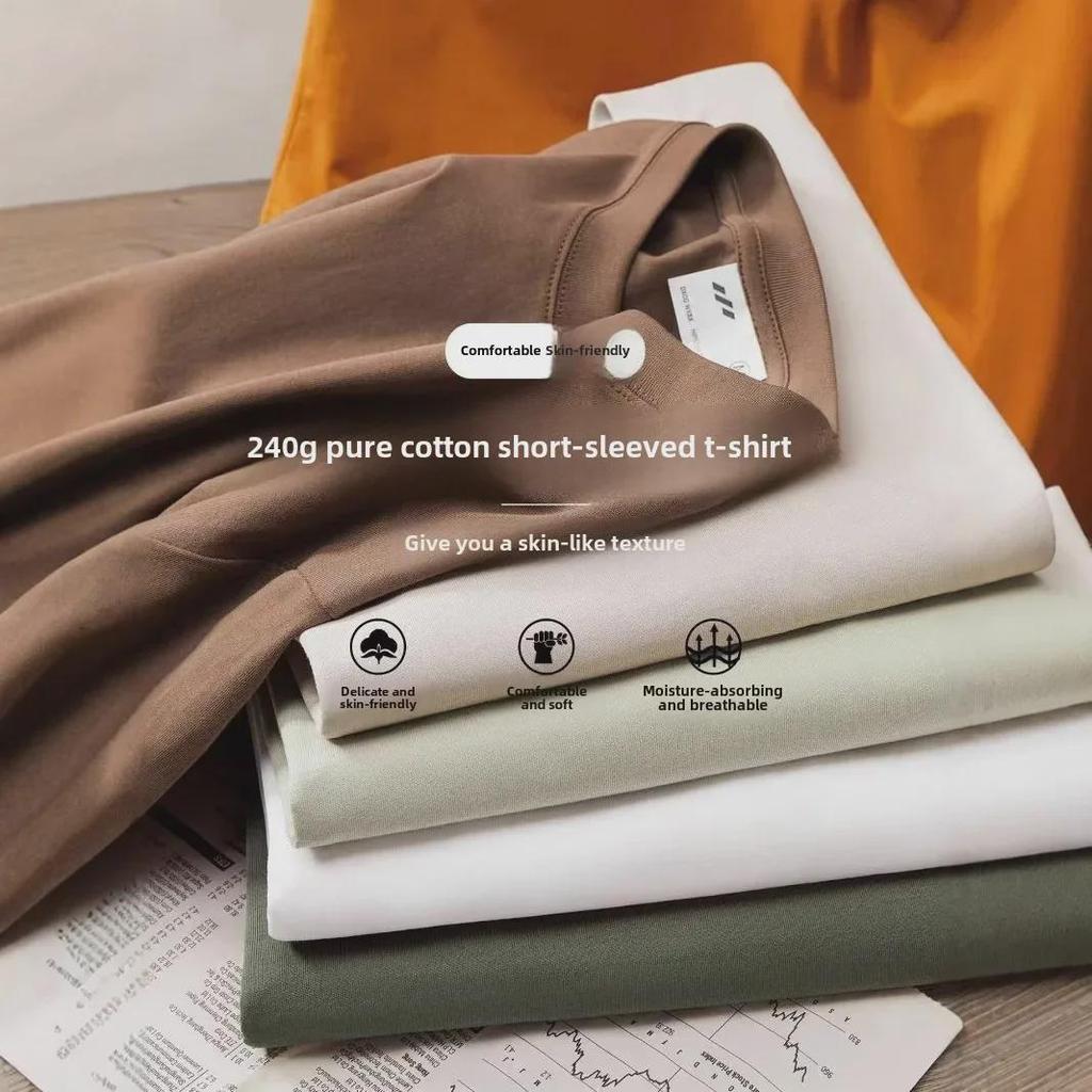 Men's 240G Heavyweight Cotton Round Neck Solid Color Short Sleeve T-Shirt
