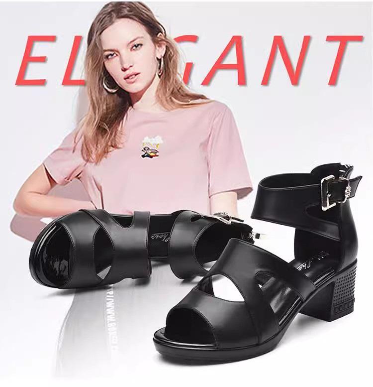Black leather thick heel sandals women's 2025 summer versatile mid-heel back zipper middle-aged mother fish mouth high heels