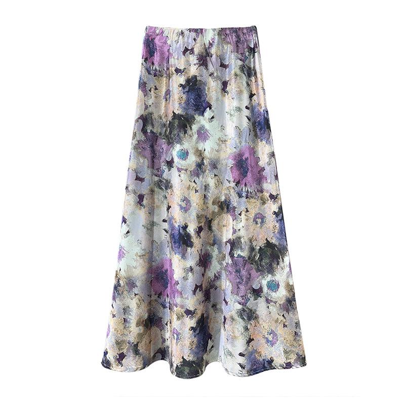 

Qooth Liquid Satin Slip Midi Skirt Floral Print A Line Mermaid Maxi Skirt Elegant High Waist Slimming Skirt QT2593 L
