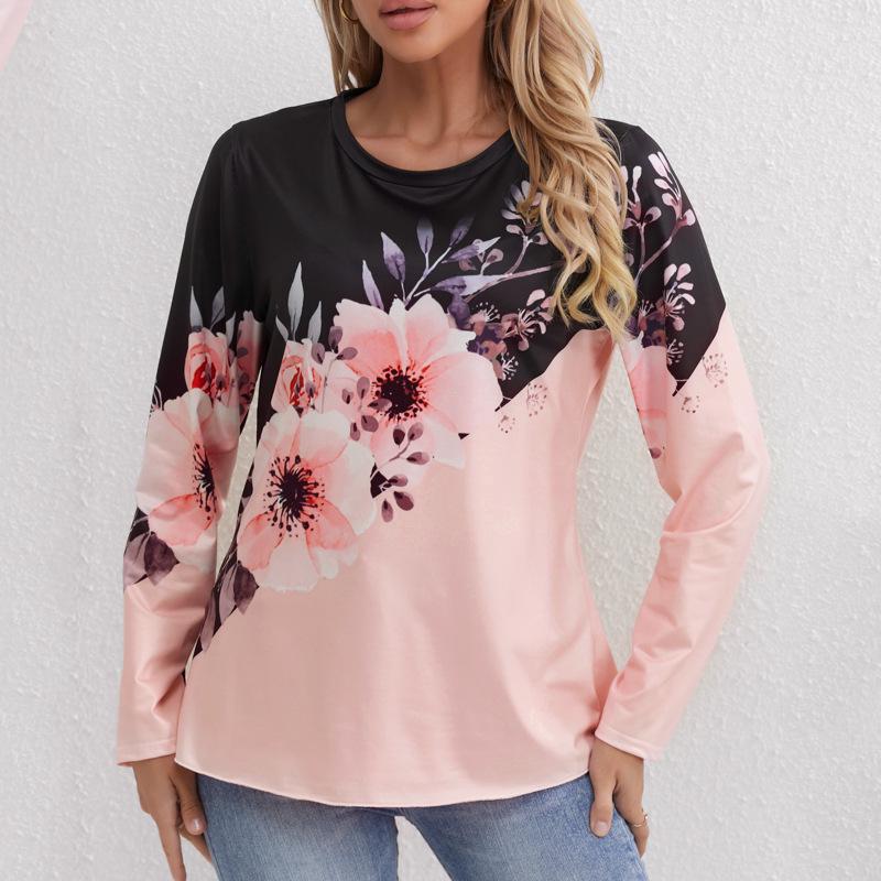 2024 Women's Floral Print Crew Neck Long Sleeve Casual Autumn T-shirt