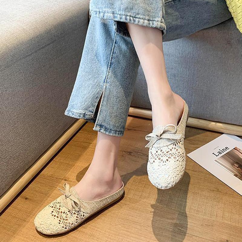 Fashion Half Slippers Female New Summer All-match Wear Mesh Breathable Non-slip Linen Cotton Head Cool Girl Hollow Flat Slides Shoes