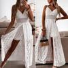 Women Beach Dress Hollow Out Lace Summer V Neck Long Dress Shorts Playsuit for Beach