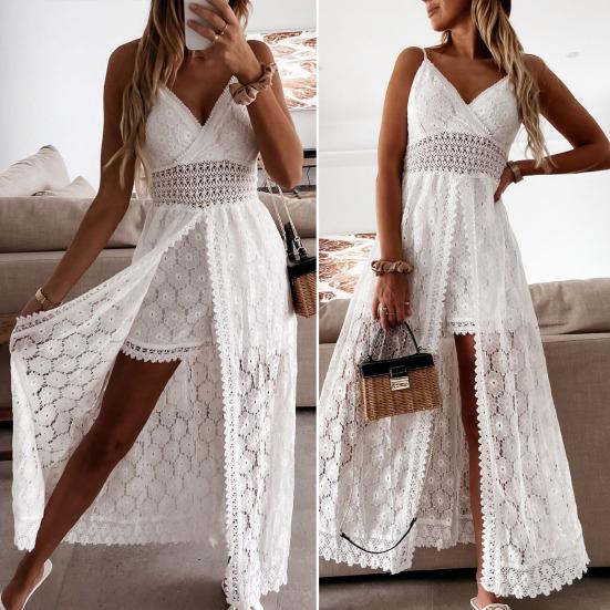 Women Beach Dress Hollow Out Lace Summer V Neck Long Dress Shorts Playsuit for Beach