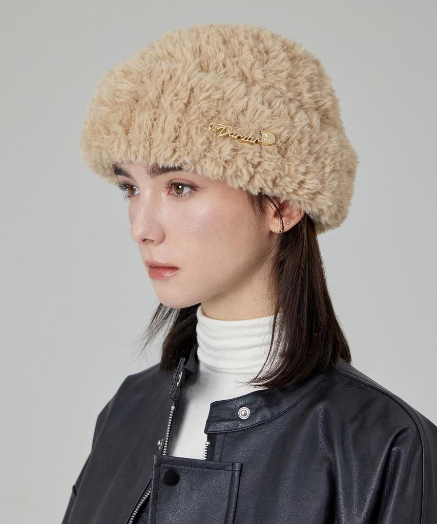 Bajal Safety Pin Fur Beanie Beige