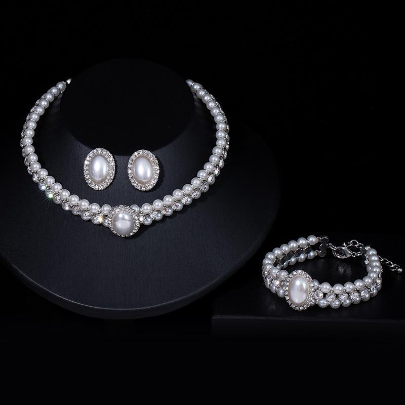 Hepburn Vintage Baroque Oval Pearl Diamond Double Necklace Bracelet Earrings Set Cheongsam Dress Accessories