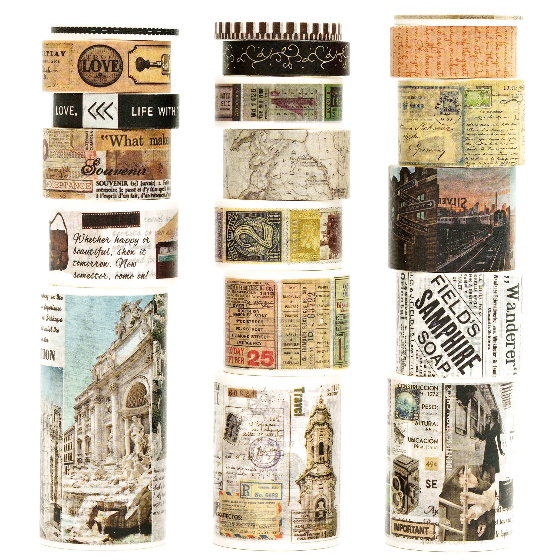 

Songdao Washi Tape Vintage Set Retro Art Masking Tape Classic Art Pattern Perfect for and Gift Wrapping x 2m each World 18-Roll / Planners,