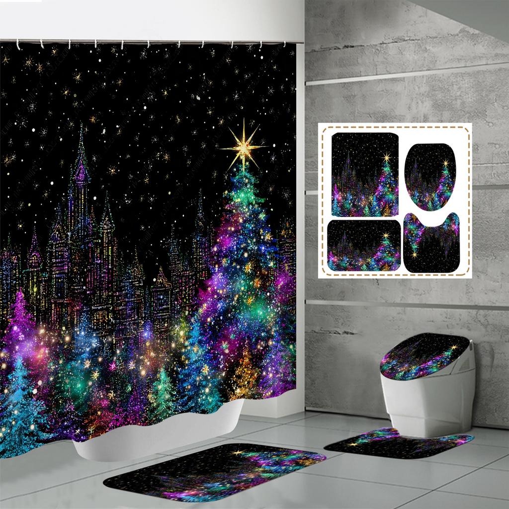 4PCS  Shower Curtain Sets With Shower Curtain And Rugs Toilet Lid Rug U Shape Mat And Bath Mat Bathroom Set  With 12 Hooks