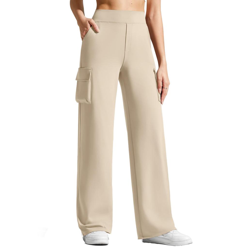 Women Elastic High Waist Pant Casual Fit Wide Leg Long Pants Trousers With Pockets