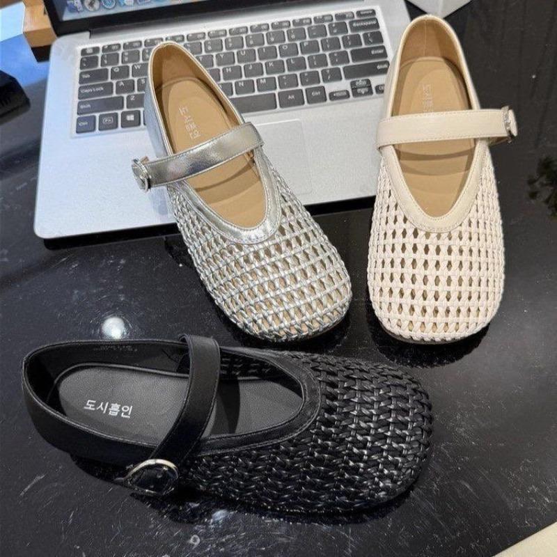 Fashion Women's Flat Shoes Mary Jane 2025 Summer New Casual Shallow Sandals Fashion Trend Weave Ballet Shoes Breathable Outdoor Shoes
