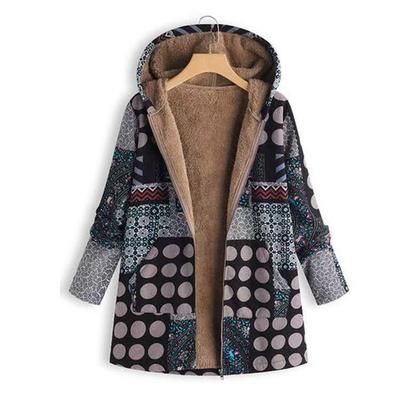 Women Casual Outwear Winter Warm Retro Printed Pockets Zipper Hooded Thicker Coat Plus Size