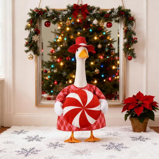 Christmas Goose Outfit Red Formal Hat And Checkered Goose Clothes Xmas Candy Porch Goose Costume for 23 Inch Lawn Geese Statue