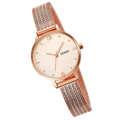 SKMEI Quartz Mesh Stainless Rose Watch Women's Wristwatch, Simple, Ultra-Thin Movement, Stylish, Waterproof, Business, Strap, Steel, White, Gold,