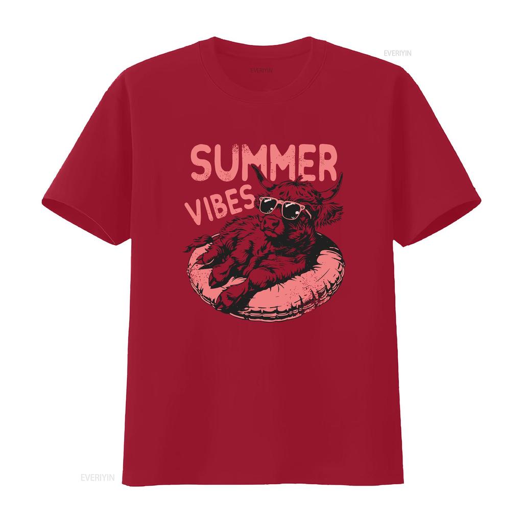 Summer Vibes T Shirt Highland Cow Design Retro Funny Beach Vintage Washed Comfortable Streetwear Unisex Breathable Slightly