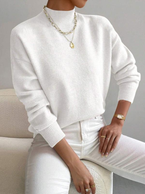 Women's Light Beige Ribbed High Neck Long Sleeve Knit Sweater