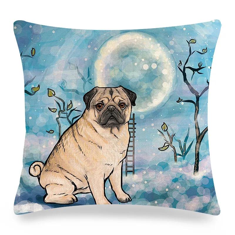 Pug Printed Pillows Cushion Cover 18x18 Inches Linen Pillowslip Home Sofa Car Decoration Throw Pillow Cover Cute Dogs Pillowcase