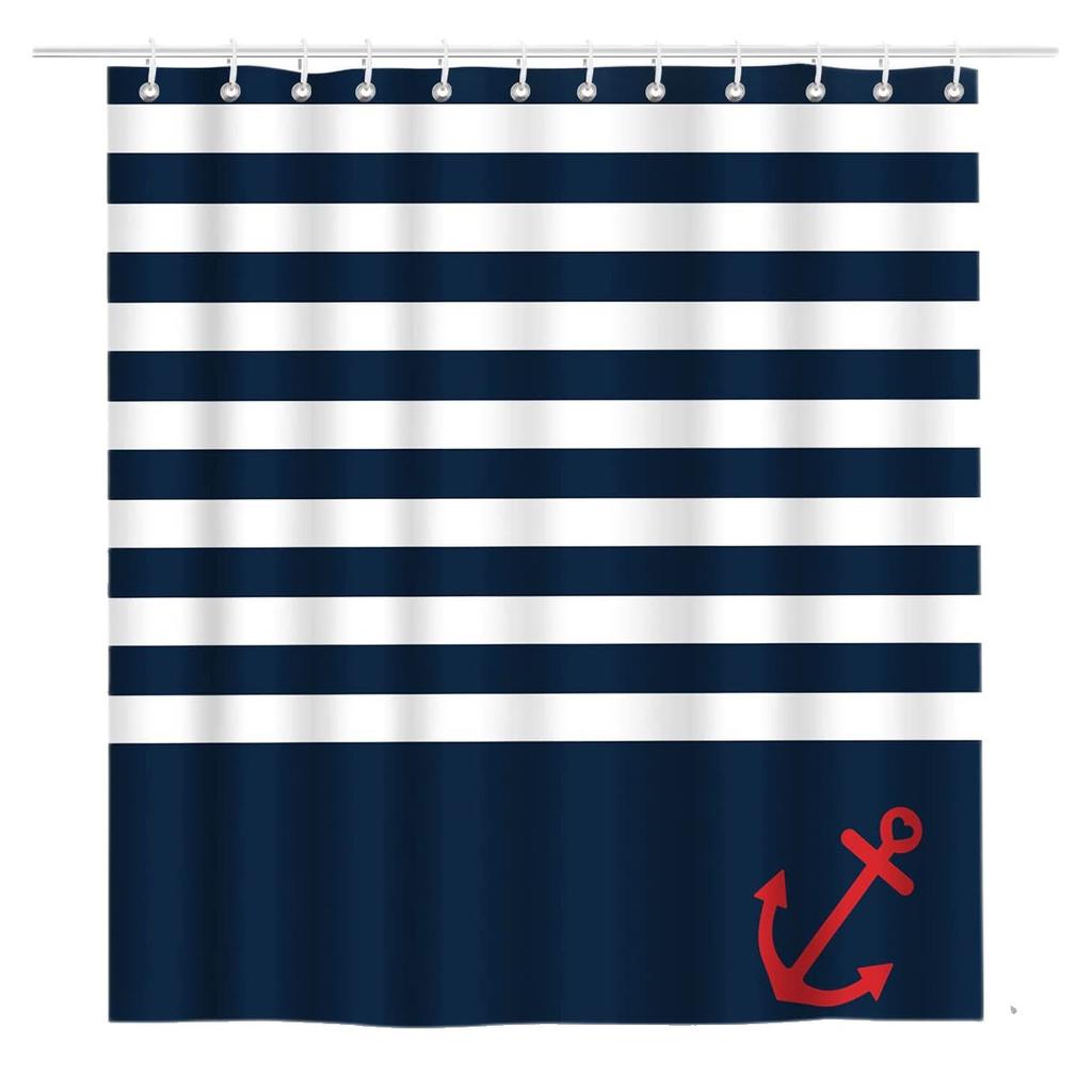 Nautical Striped Shower Curtain Navy Anchor Bathroom Curtain Polyester Fabric Waterproof Shower Curtain Set With Hook