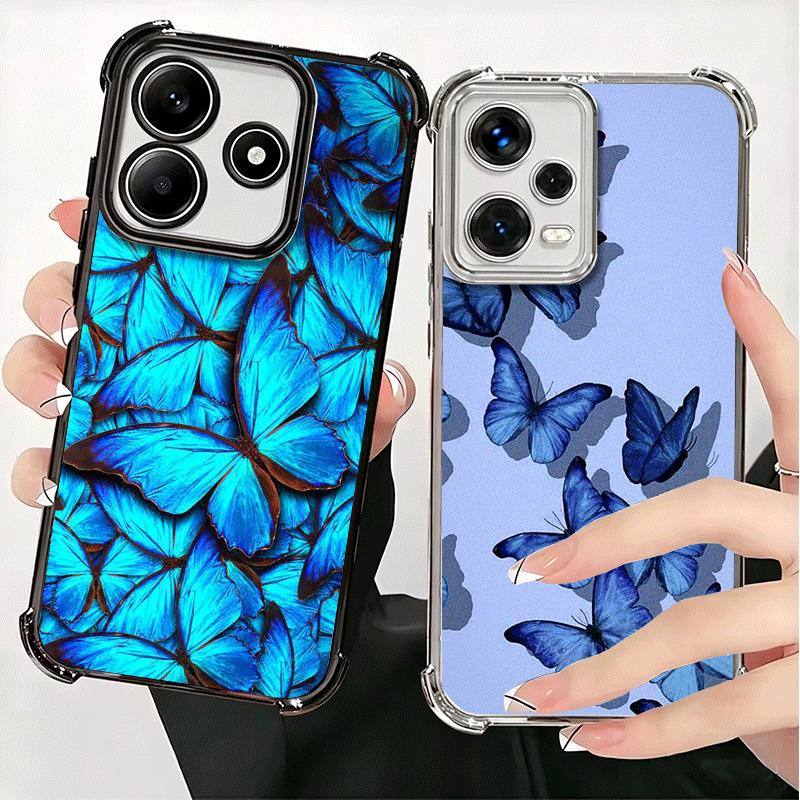 Blue Butterfly Aesthetics Plating Phone Case For Xiaomi Redmi Note 14 15 Pro Plus 13 12 11 11S 11T 10 9S 9 5G Anti-Fall Airabag