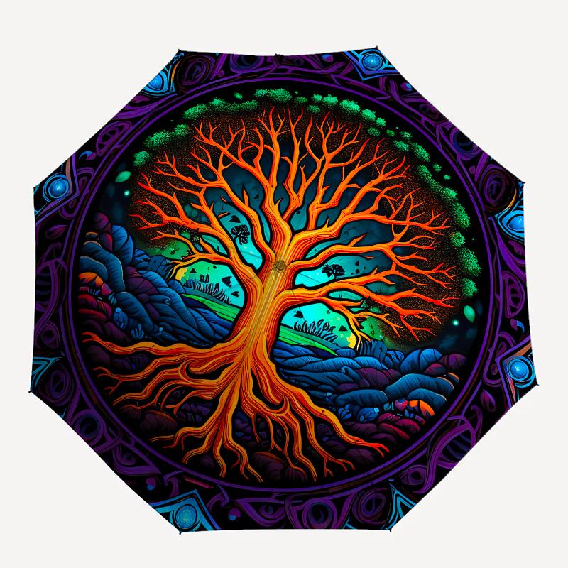 Enchanted Tree of Life Stained Window PanelUmbrella, Portable 3-Fold Compact Umbrella for Men & Women Gift