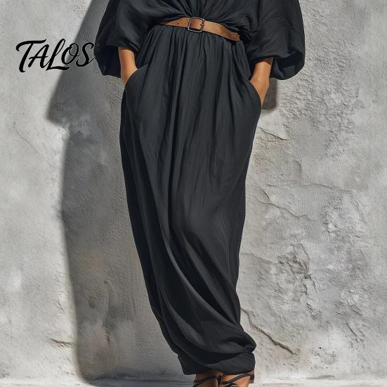 Comfortable Women Dress Women's Batwing Long Sleeve Maxi Dress, Casual V Neck Flowy Simple Style Summer Travel Vacation Loose Outfit with Belt