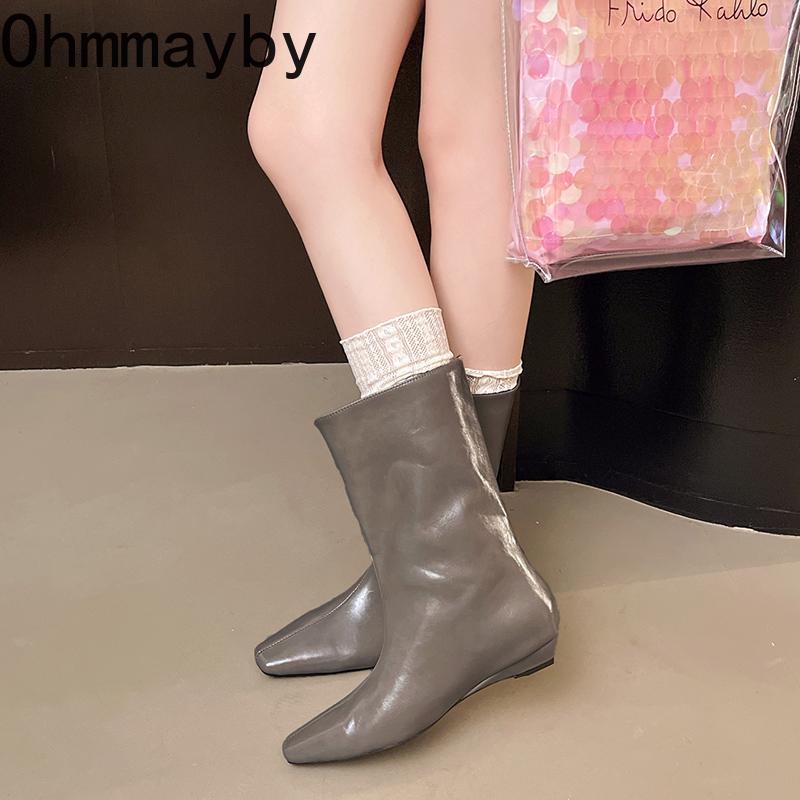 Designer Square Toe Women Slimming Knight Boots Elegant Female Wedges Low Heel Short Booties De Mujer