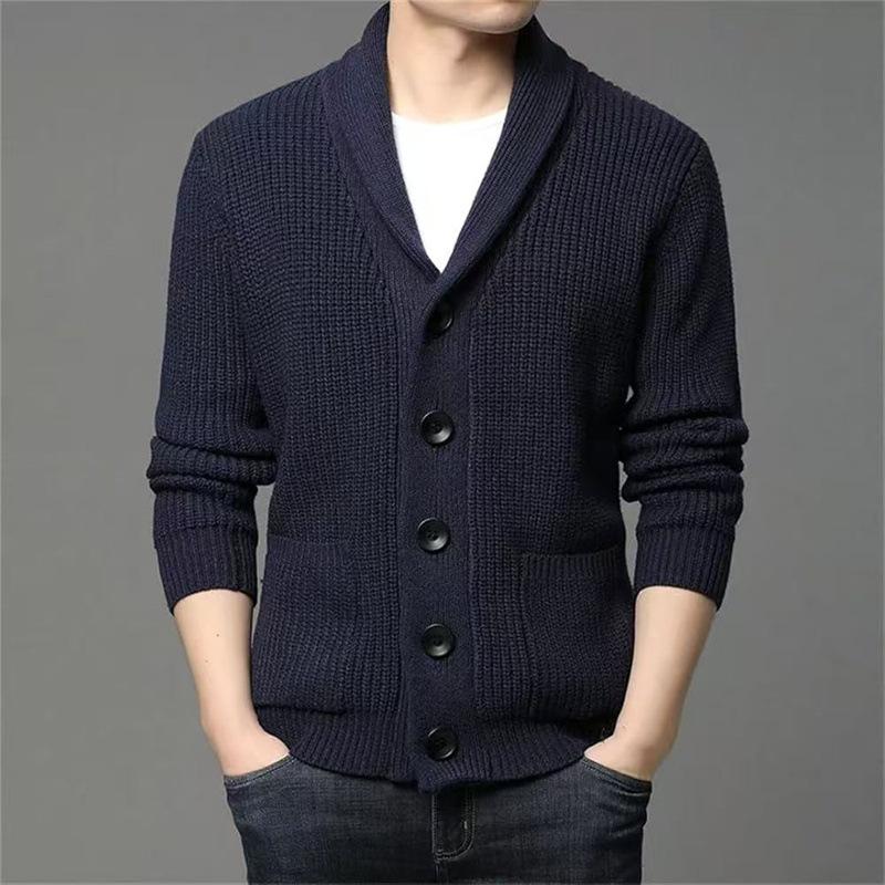 Autumn Winter Men's Thickened Button Cardigan Wool Sweater Green Fruit Collar Sweater Jacket V-neck Solid Color Casual Knitted Sweater