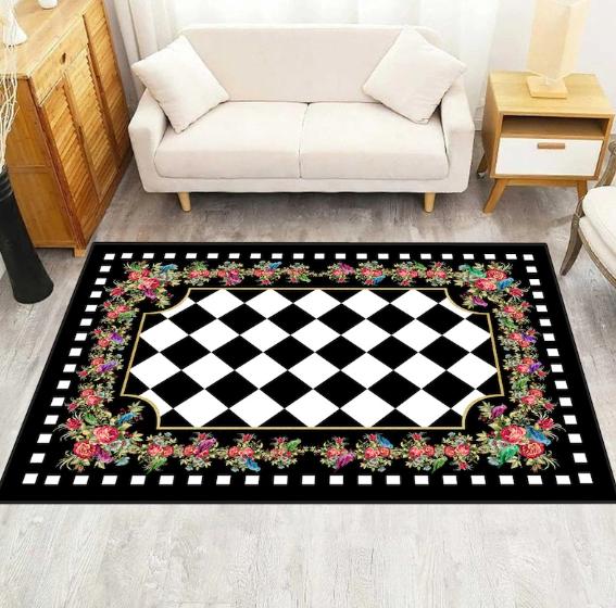 Checkers Area Rug Flowers Pattern Rug Black and White Rug Chessboard Non Slip Carpet Living Room Rug Decorative Rug Modern Rug