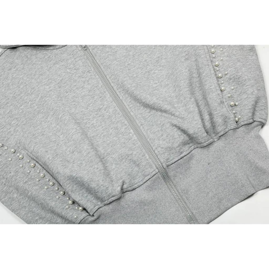 2KWEIRD Pearl Decorate Patchwork Design Hoodies Coat Original  Elastic Waist Solid Color Casual Clothes