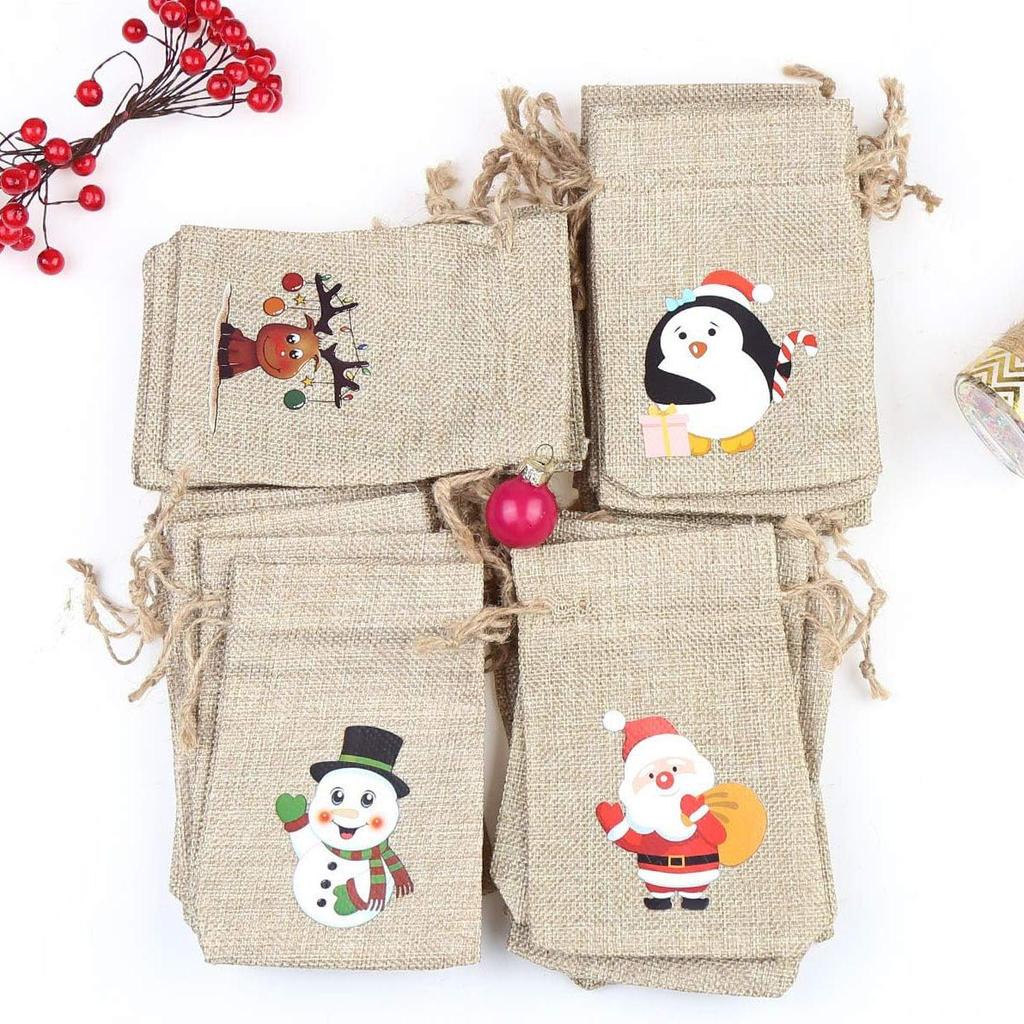 Santa Claus Burlap Drawstring Gift Bags - Small Christmas Party Candy Pouches