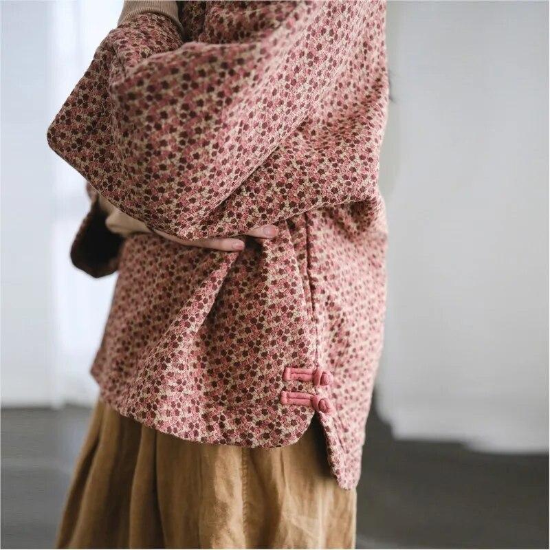 Johnature Damskie parki pulowerowe z nadrukiem kwiatowym, z dekoltem w kształcie litery O, z długim rękawem, zimowe płaszcze oraz bawełniane ciepłe damskie bawełniane parki w stylu vintage