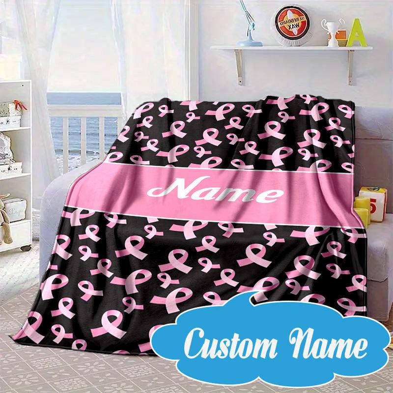 Custom Name Pink Ribbon Awareness Blanket bed sofa Blanket Flannel Blanket for Camping, Hiking, Picnic Essentials,gift for Fan family