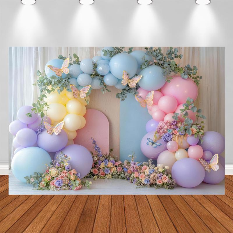 LS Photography Backdrop Cake Smash Birthday Party Kids Portrait Photo Background Spring Floral Butterfly Balloon Decor Props