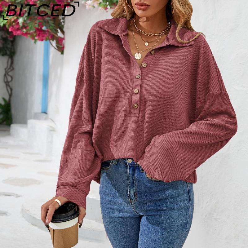 BITCED Women's Fall/Winter Polo Neck Button-Up Solid Color Long-Sleeve T-Shirt