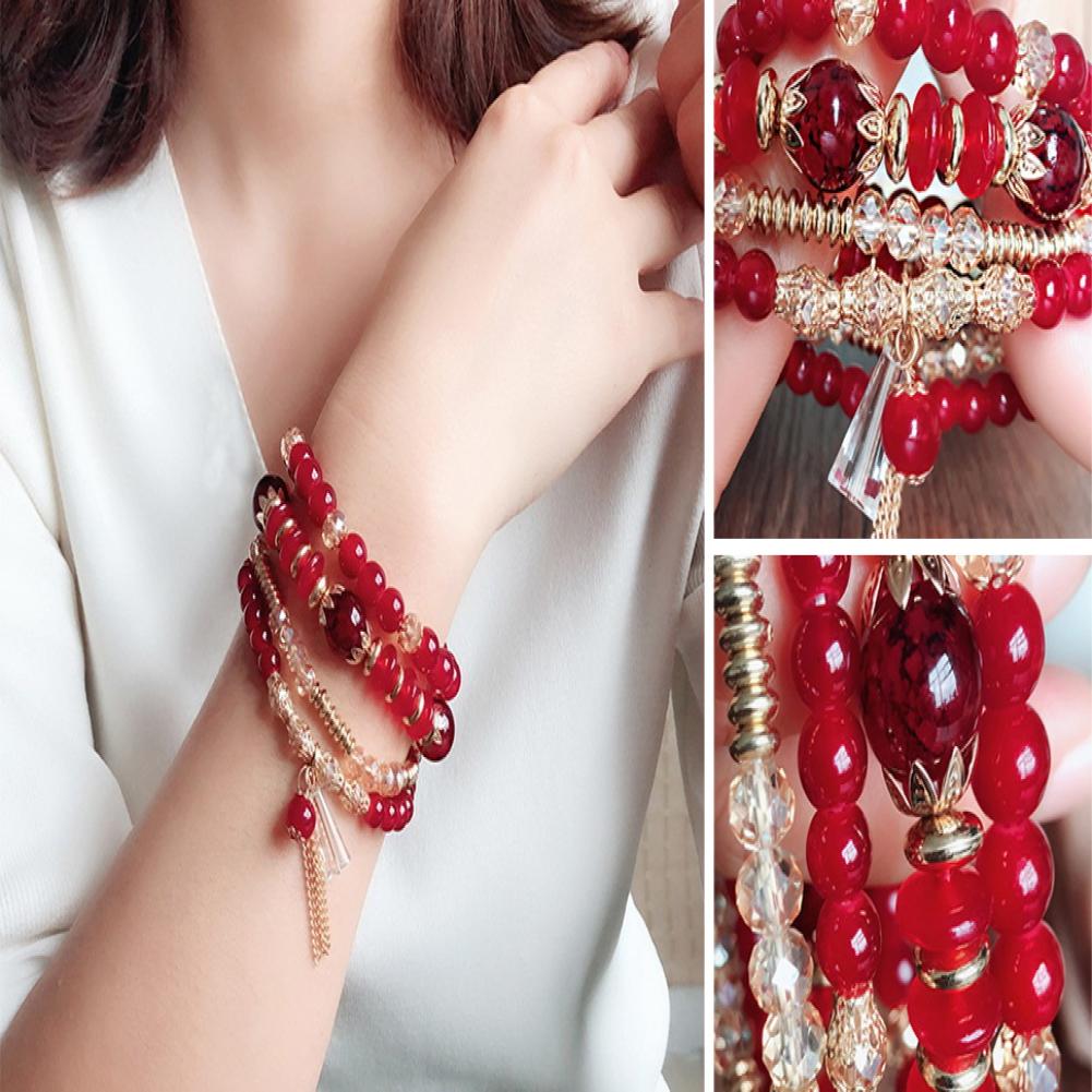 Adjustable Beaded Bracelet Bohemian Style Multi-layered Bracelet Set with Faux Pendants for Women Stackable Jewelry Set for Her