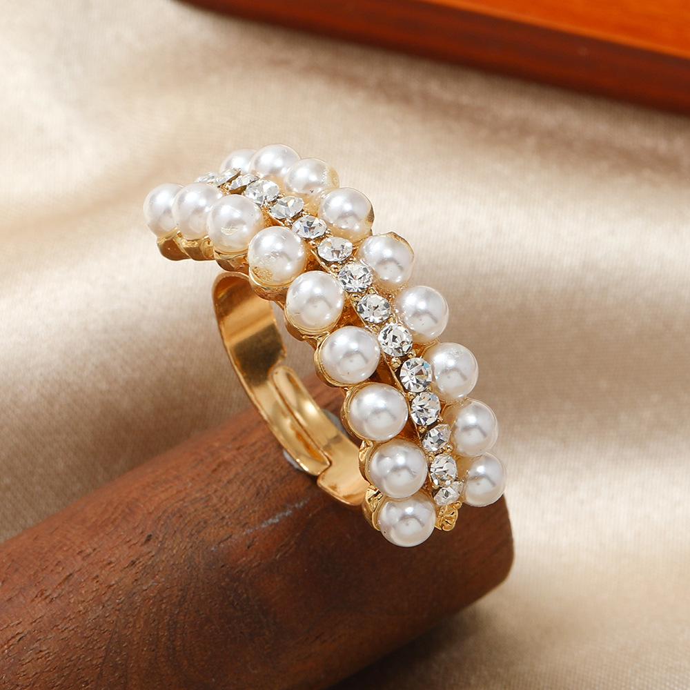 French Retro Pearl Rhinestone Irregular Flower Star Geometric Ring